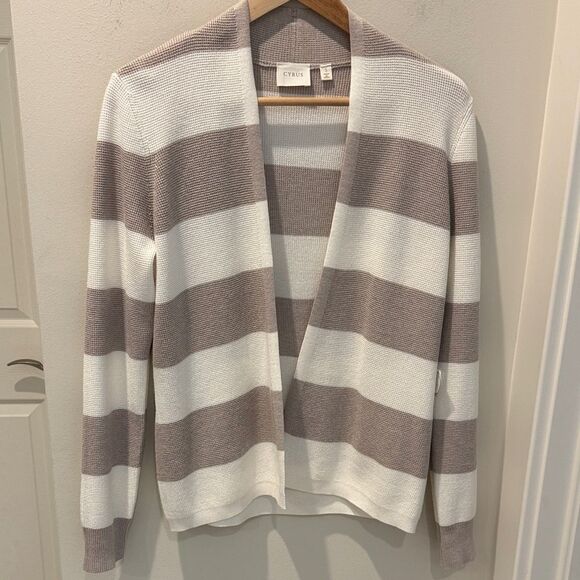 Cyrus Women's Open Front Cardigan Sweater - Cream and Brown Stripes size small - Picture 1 of 9